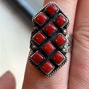 Navajo Petit Point Genuine Coral Sterling Silver Hand Stamped band Ring